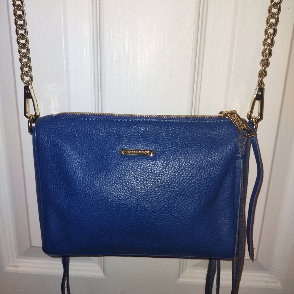 Rebecca Minkoff blue leather crossbody, gold link straps